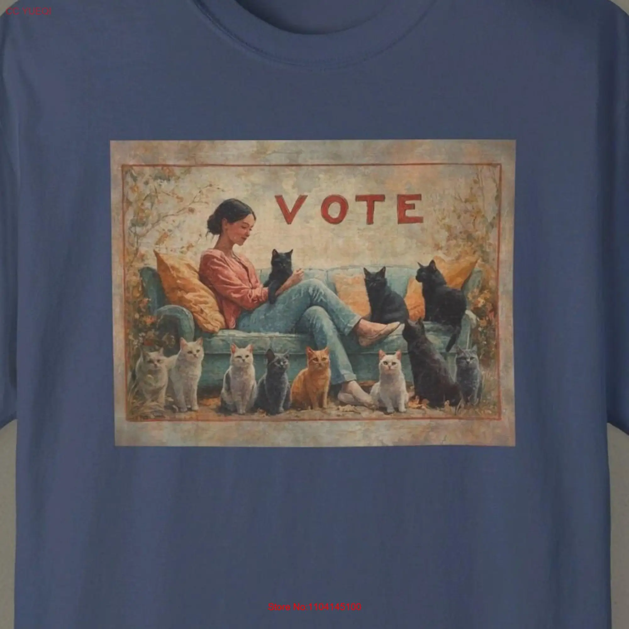 CAT LADY VOTE T Shirt Democrat Childless on Couch Feminist Kamala Harris Tim Walz Blue  long or short sleeves