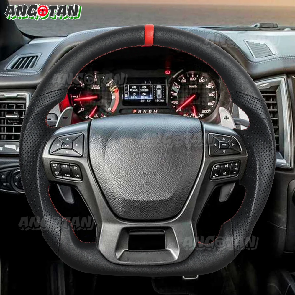 

Full Leather Steering Wheel D-Type Flat-Bottom Perforated Leather Red Stitch For Ford Ranger Raptor 2018-2023 Racing Sport Wheel