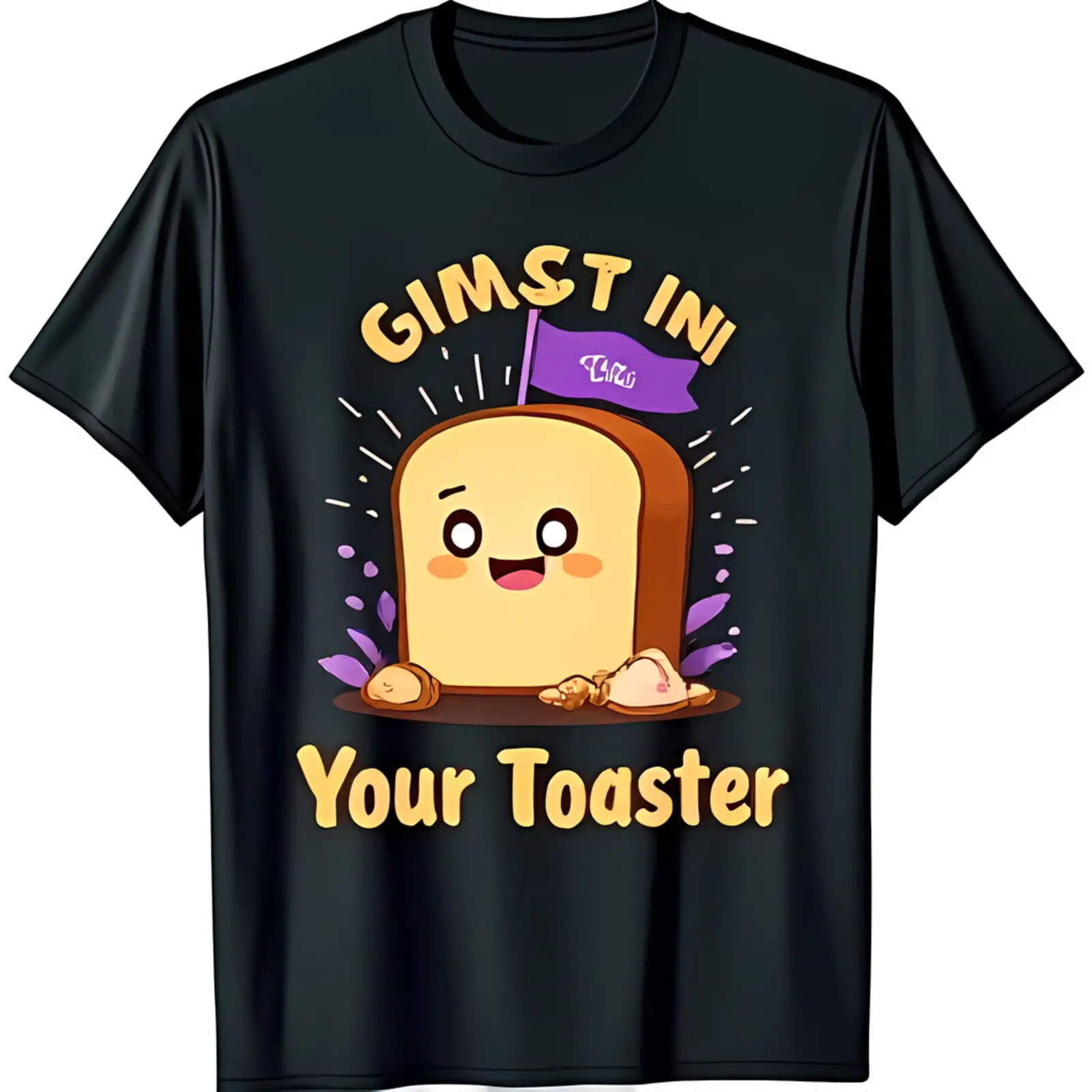 

Black T-Shirt with Cheerful Graphic & Fun Gimst ini Your Toaster Text