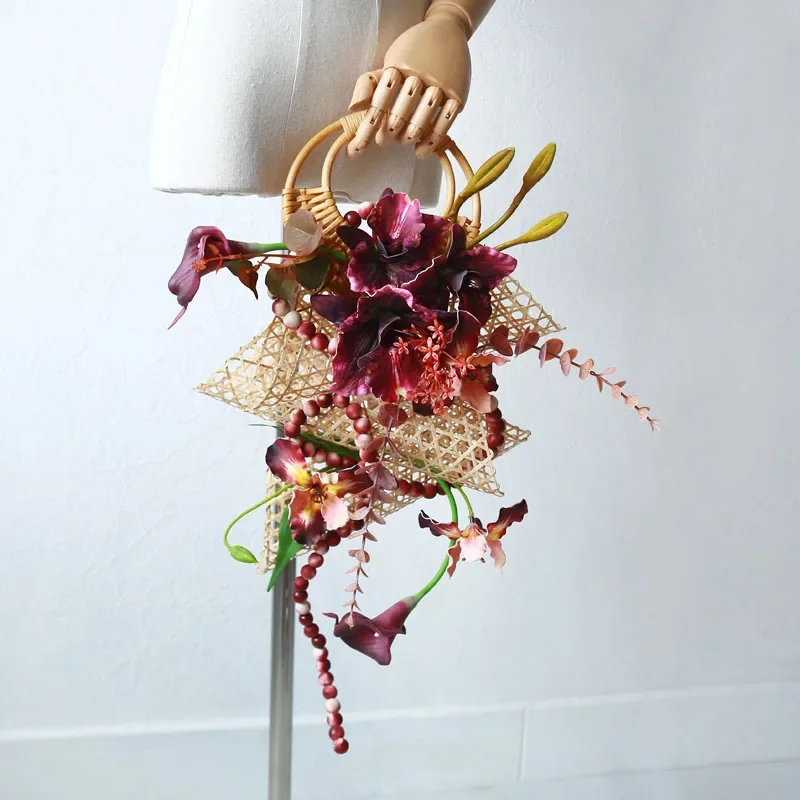 New Chinese burgundy bouquet wedding photo wedding certificate engagement flower retro rattan bead string bride hand flower