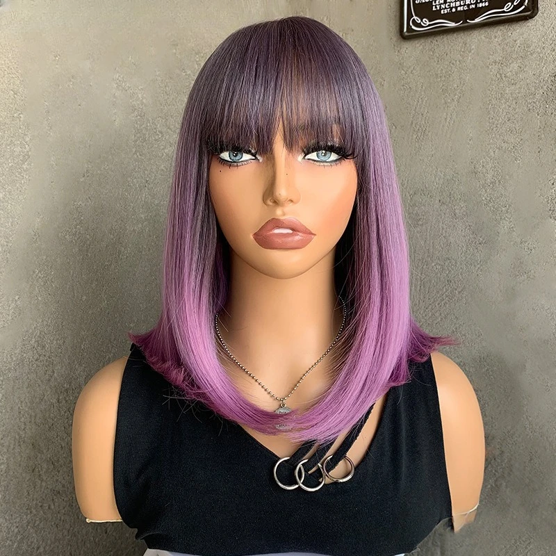 

European and American fashion Bobo head short straight hair Qi bangs gradual change purple natural high temperature silk wig wom