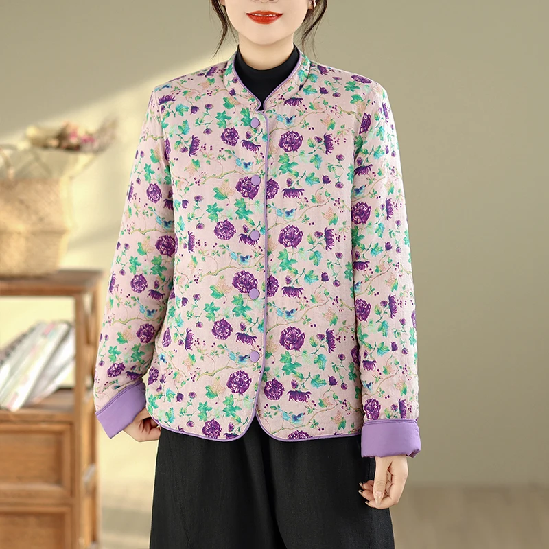 سترة قطنية كبيرة الحجم للنساء بياقة مستديرة وأزرار وبطانة قطنية بنمط عرقي جديد على الطراز الصيني مع نقش زهري #4
