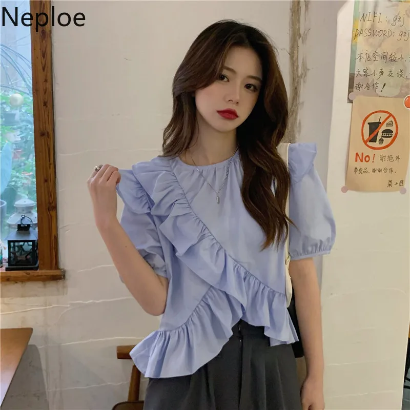 Neploe Ruffles Shirts Woman Korean Fashion Blouses Women Puff Sleeve Blouse Tops Sweet Blusas Mujer De Moda 2023 Irregular Top