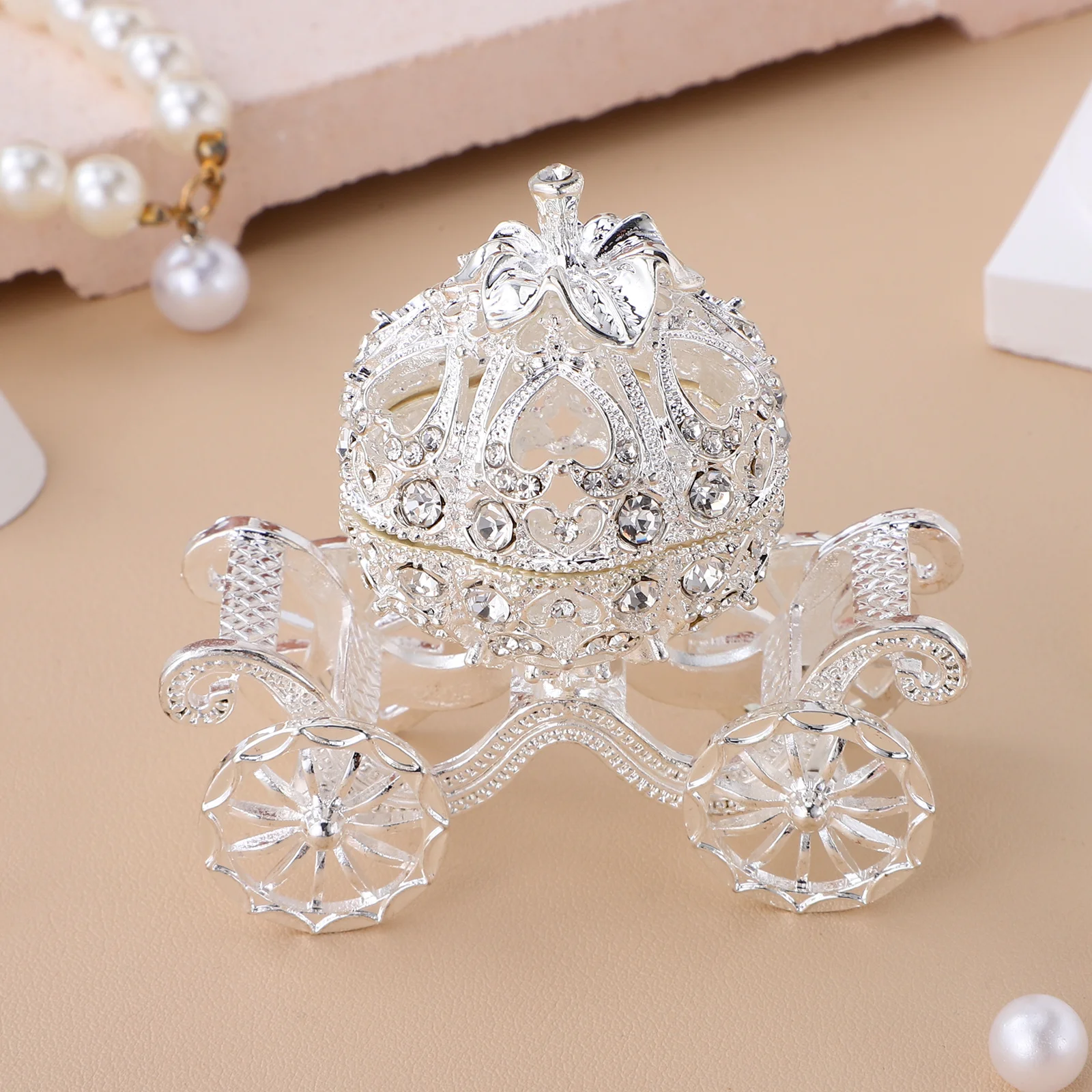 

Pumpkin Carriage Ornament Silver Rhinestone Jewelry Box Vintage Crystal Craft For Wedding Party Home Office Decor