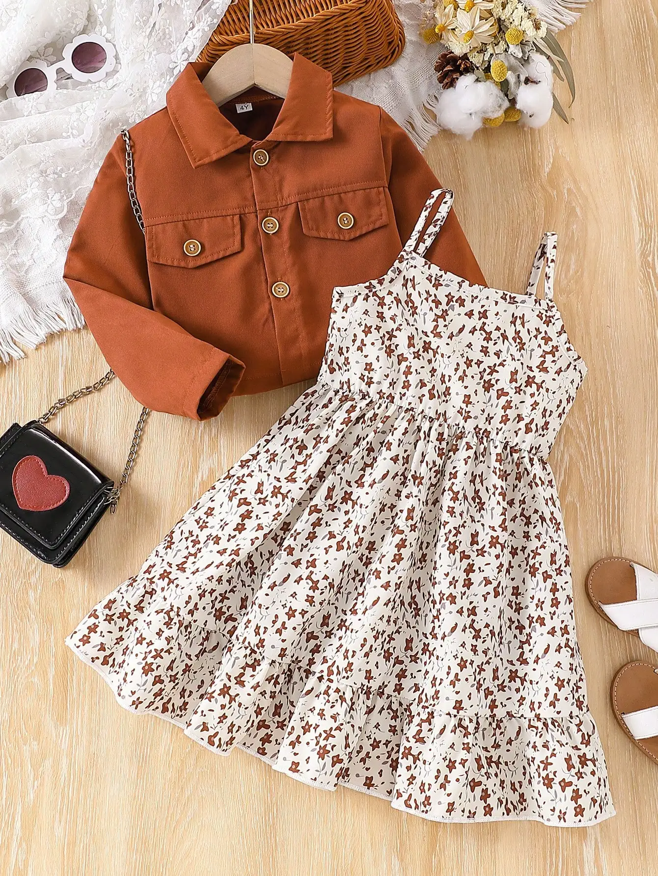 2-Piece Young Girl Casual Solid Color Long-Sleeved Short Shirt Button Jacket and Floral All-Over Printed Dress Suit Suitable for Spring and Summer Outdoor Travel Suitable for Daily Use Casual Suitable for Vacation Suitable for Parties