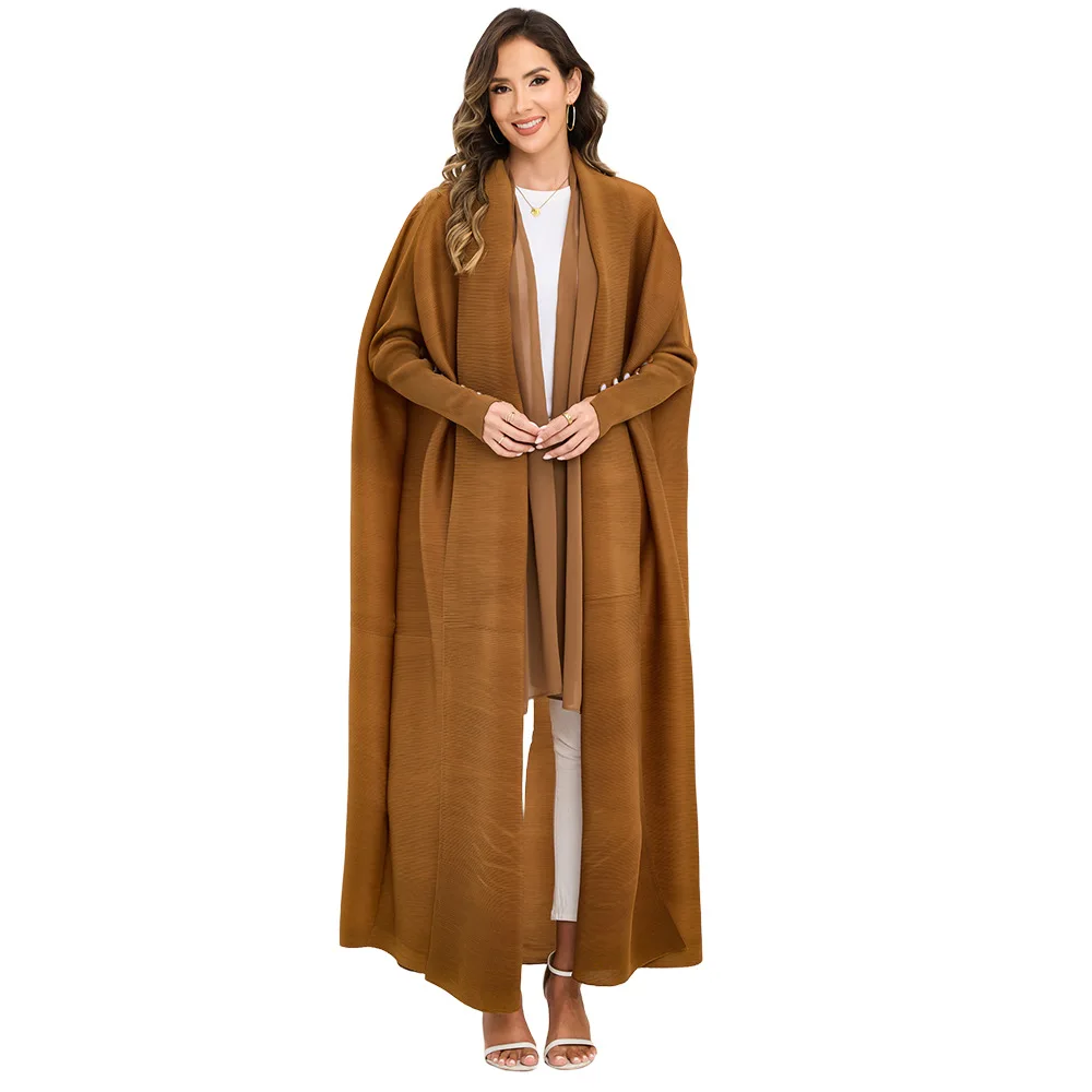 2025 novo casaco trench plissado com mangas morcego, tamanho grande, estilo étnico, cor sólida abaya, robe feminino elegante