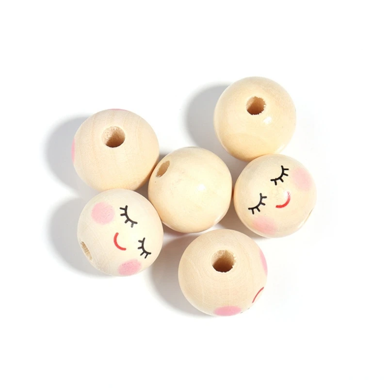 100Pcs Smiles Beads Natural Beads for Crafting Wooden Faced Beads, Wooden Ball with Hole for DIY Decor Craft