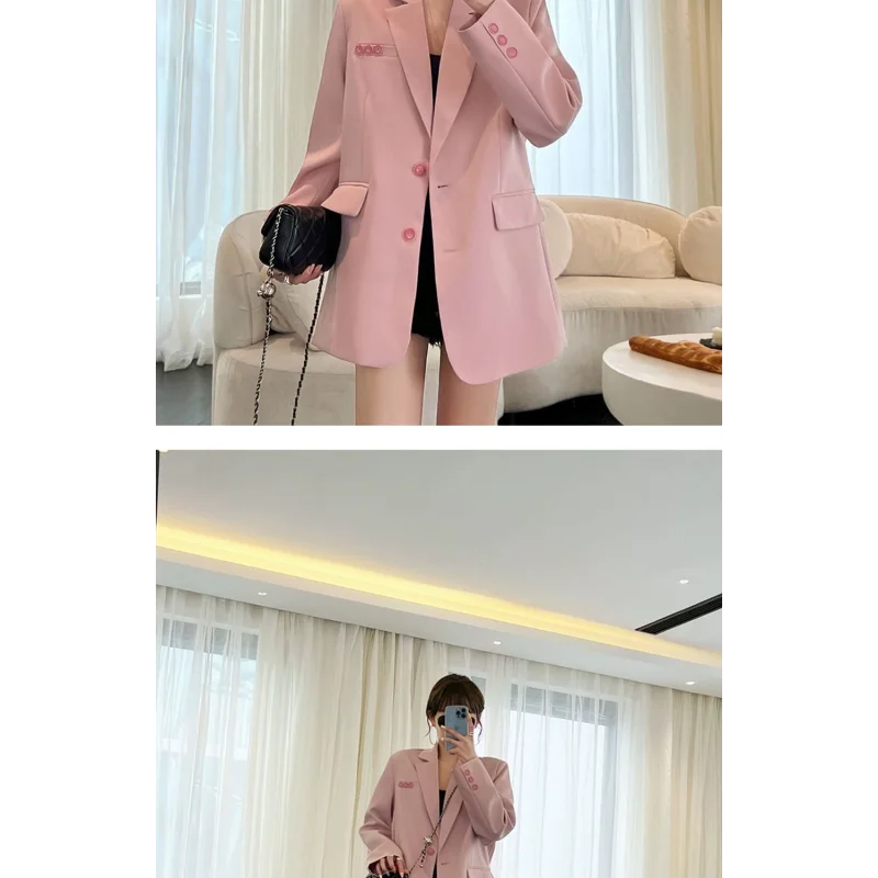 Neue rosa kleine Anzugjacke im chinesischen Stil für Damen, einfarbig, langärmeliges Strickjackenoberteil mit Knöpfen