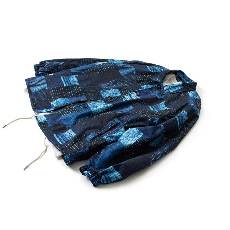 Imitation Indigo Ancient Cloth Embroidered Loose Color Block Printed Jacket Coat Men's Fashion Japan Retro Long Sleeve Outwear