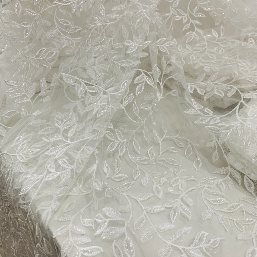 Delicate branch leaves design lace fabric embroideries with sequins shiny bride lace fabrics textile material 130CM Wide Ivory