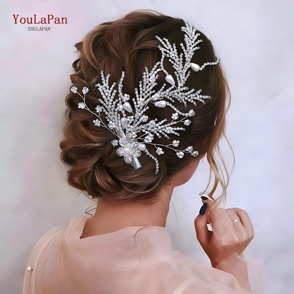 YouLaPan Bling Rhinestone Chain Bride Headband Pearl Hair Pin Silver Color Wedding Headwear Makeup Styling Hair Accessorie HP728