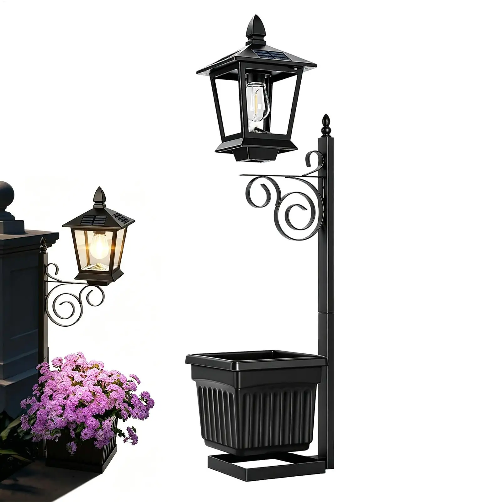 Planter with Solar Light Post 2-in-1 Flower Pot with Solar Lantern Flower Pot Lights for Garden Patio Porch Backyard Lawn Deck