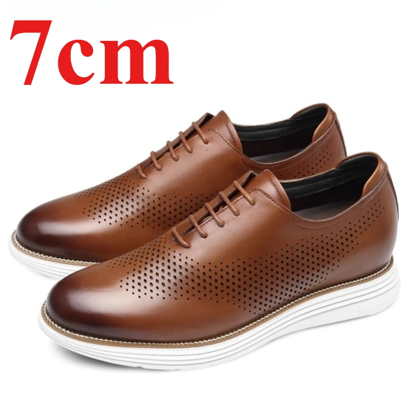 

Height-increasing Shoes for Men's 7cm Summer Hollow Out Breathable Mens Dress Leather Shoes Genuine Leather Business Derby Shoes