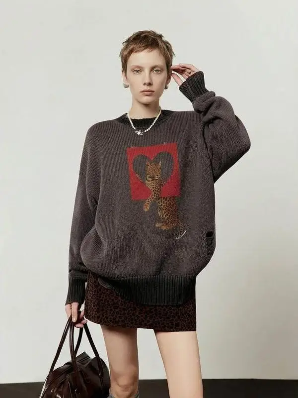 Red Leopard Heart Bla Knitted Loose Women's Sweater Winter Commute Sle round Ne Long Sve Regular Thin
