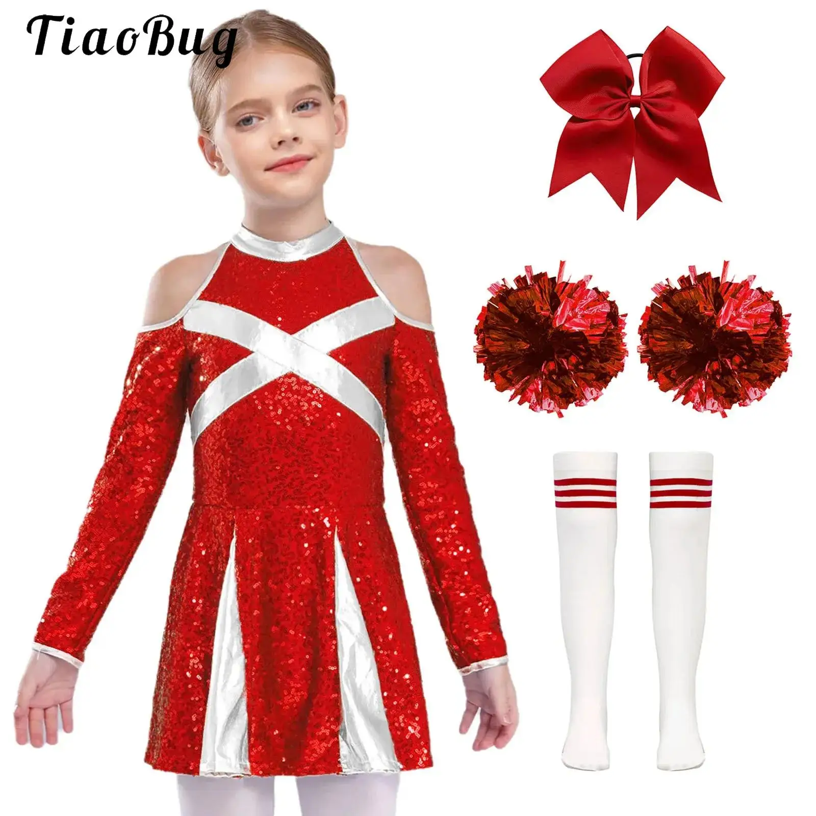 

Shiny Sequins Girls Cheerleading Outfits Halloween High School Cheerleader Costume Cold Shoulder Long Sleeve Dance Dress+Socks