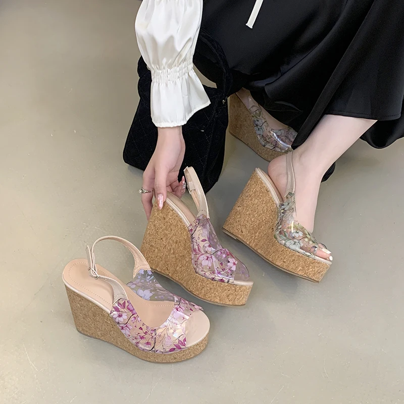 Pink Wedges Heels For Woman Sandals Summer Bohemia Beach Shoes Transparent Flowers Platform Shoes 12cm Chunky Heels Sandals