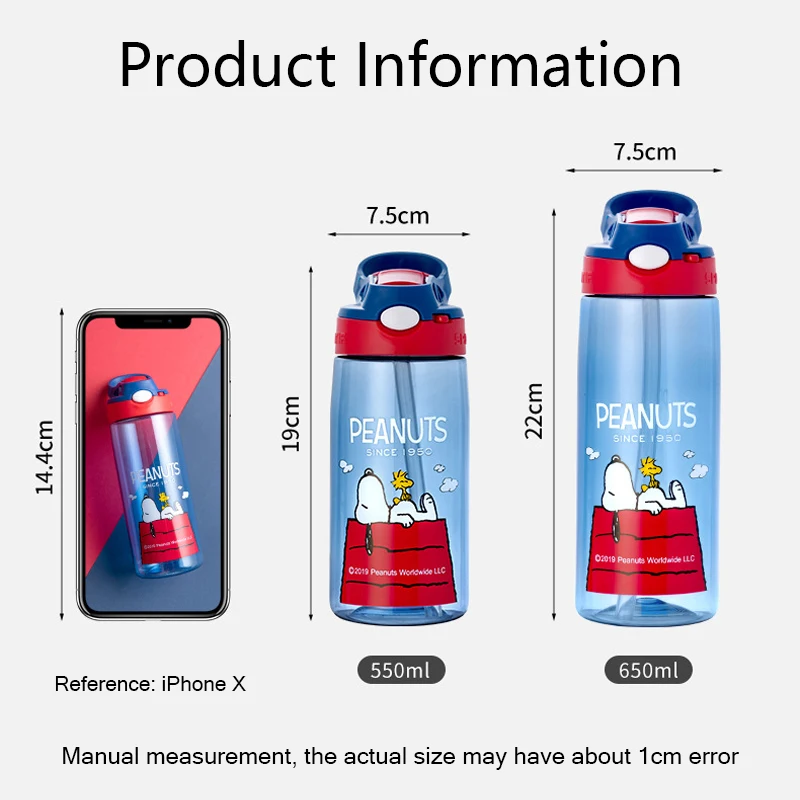 550ml/650ml Snoopy Water Bottles with Straw Plastic Portable Travel Bottle Cartoon Leakproof Children Outdoor Travel Drink Cup