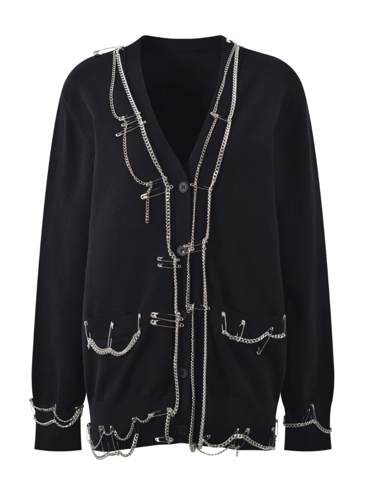 เสื้อคาร์ดิแกนถักแบบเปิดทรงวีแฟชั่นสำหรับผู้หญิง ความยาวปานกลาง เหมาะสำหรับใส่ไปทำงาน แขนยาว สีดำ ตกแต่งด้วยเข็มกลัดโซ่หนัก