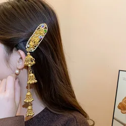 New Rhinestones Oval Hollowed Flower Bell Tassel Ethnic Style Luxury Temperament Side Duckbill Hair Clips Exquisite Accessories