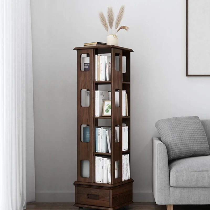 Rotating Bookshelf 360-Degree Bookcase Simple Storage Desktop Solid Wood Small Bookshelf Living Room Simple Floor Shelf