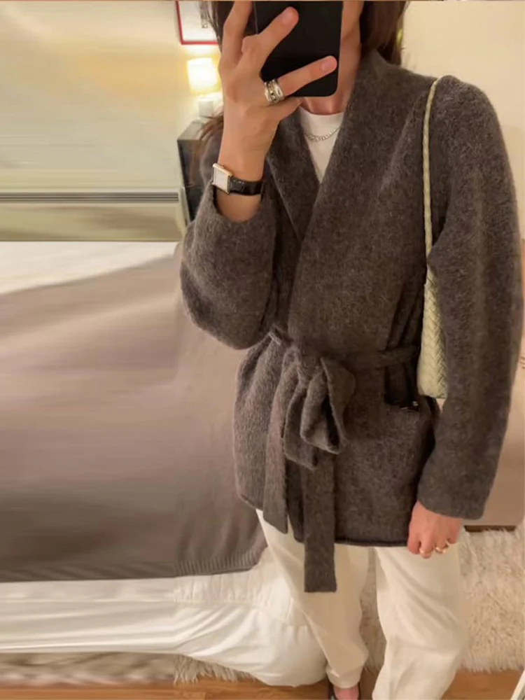 

Fashion Solid Lace Up Knitting Cardigan for Women Casual Long Sleeve V Neck Female Knitted Coat 2026 Spring Autumn Lady Sweater