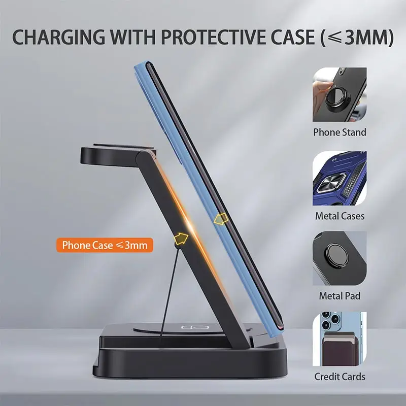 折りたたみ式ワイヤレス充電ステーション,4 in 1充電器,iPhone 16,15,14,13,12, Apple Watch 7,6,Samsung Galaxy,4,3用