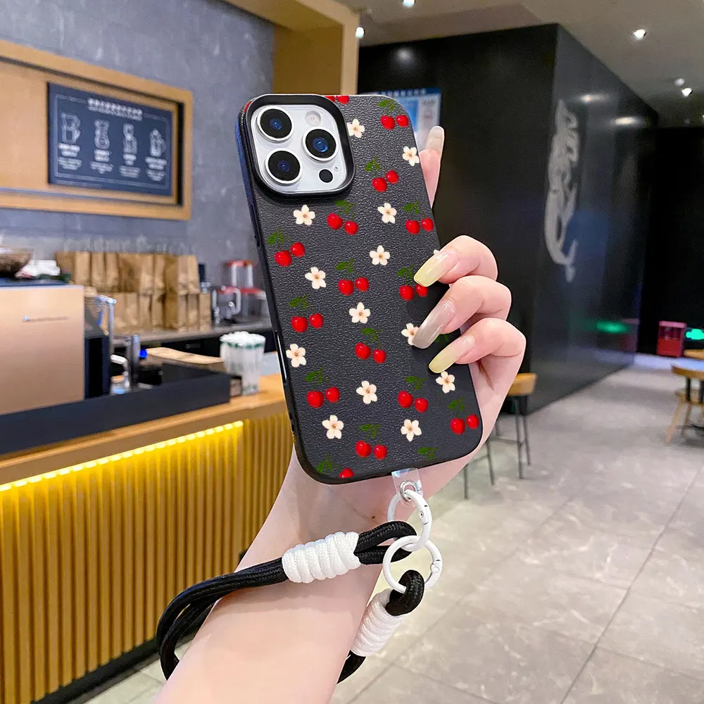 Bumper Phone Case For iPhone 17 16 14 15 11 12 13 Pro Max X XR XS16 15 14 Plus 17 Air With Lanyard Matte Korean Red Cherry Cover view 2