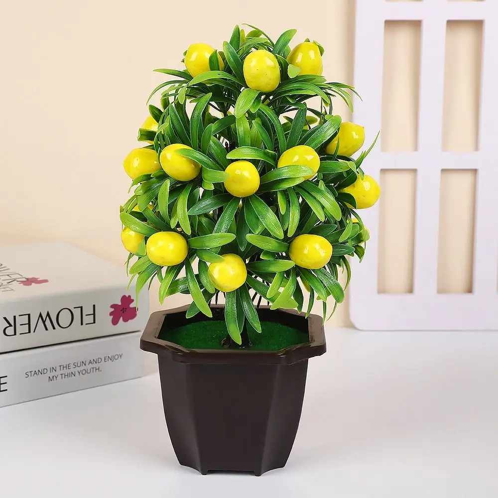 มินิประดิษฐ์ผลไม้กระถางพลาสติกเชอร์รี่มะนาวพืชจําลองบอนไซพีชทับทิมที่สมจริง