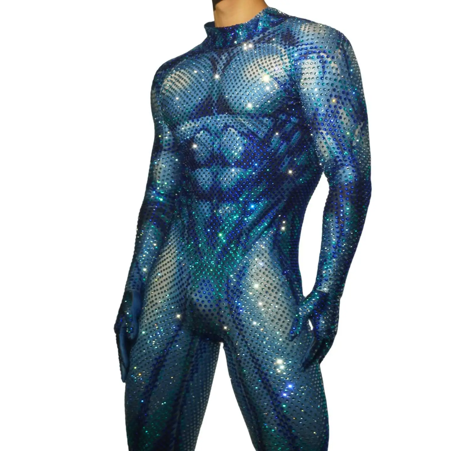 

Male Gogo Dancer Costume Festival Outfit Clubwear Sexy Blue Rhinestones Men Rompers Muscle Man Nude Print Jumpsuit Stones Juren