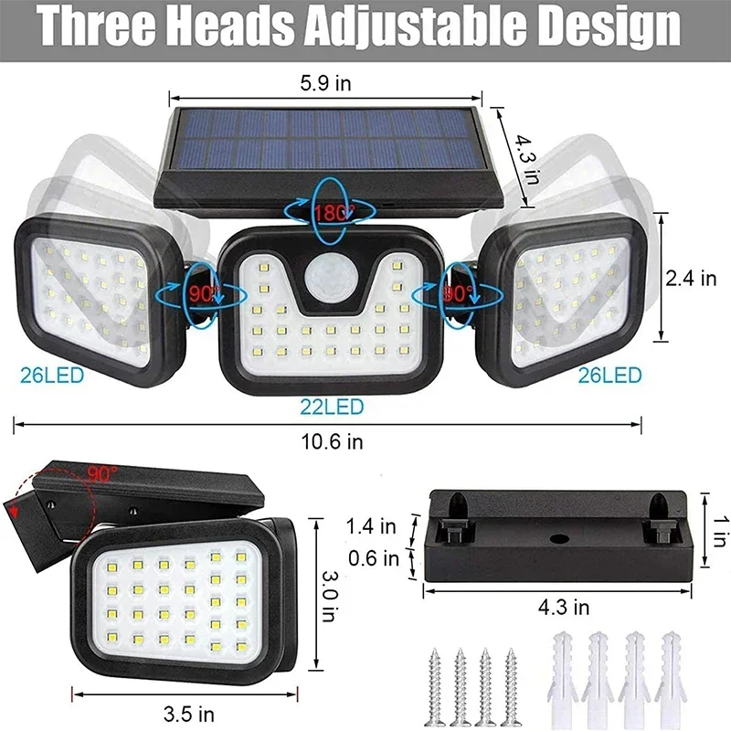 Luzes solares ao ar livre sensor de movimento indução humana cabeça ajustável ip65 à prova dip65 água lâmpada de parede de energia solar