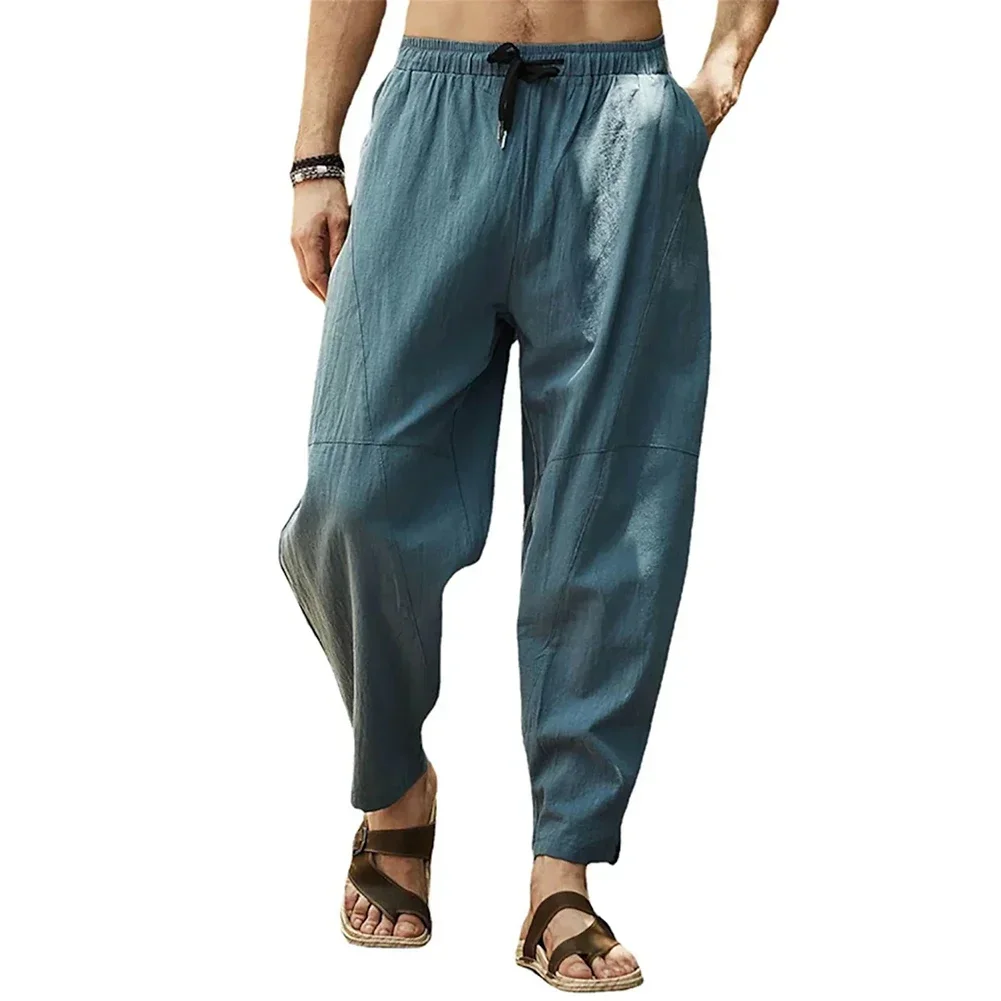 Pantalon de jogging en coton et lin pour hommes, monochromatique, décontracté, proximité, wstring, taille élastique, At Yoga Harem, FJSports, automne