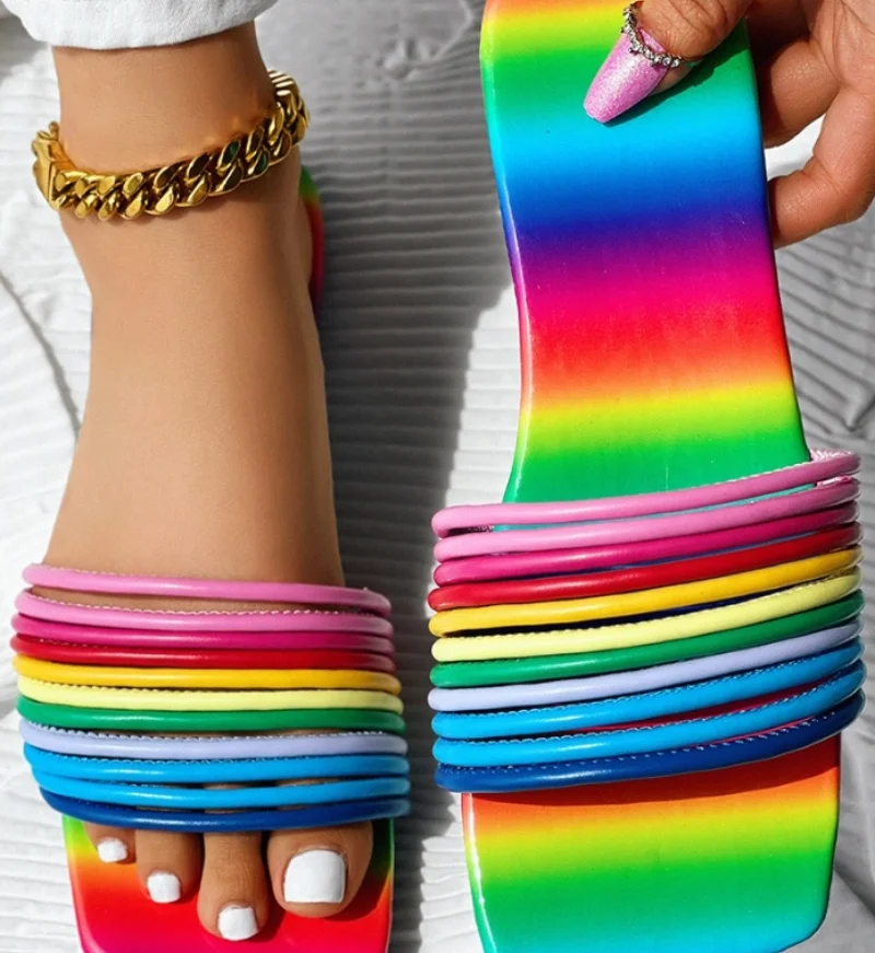 

New casual and comfortable versatile rainbow striped open toe square toe plus size slippers and sandals