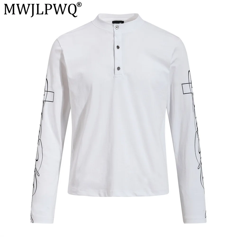 MWJLPWQ Graffiti Letter Print Long-Sleeve T-Shirt For Men American Trendy Ins Spring Autumn Button Half-Cardigan Tops New 21039