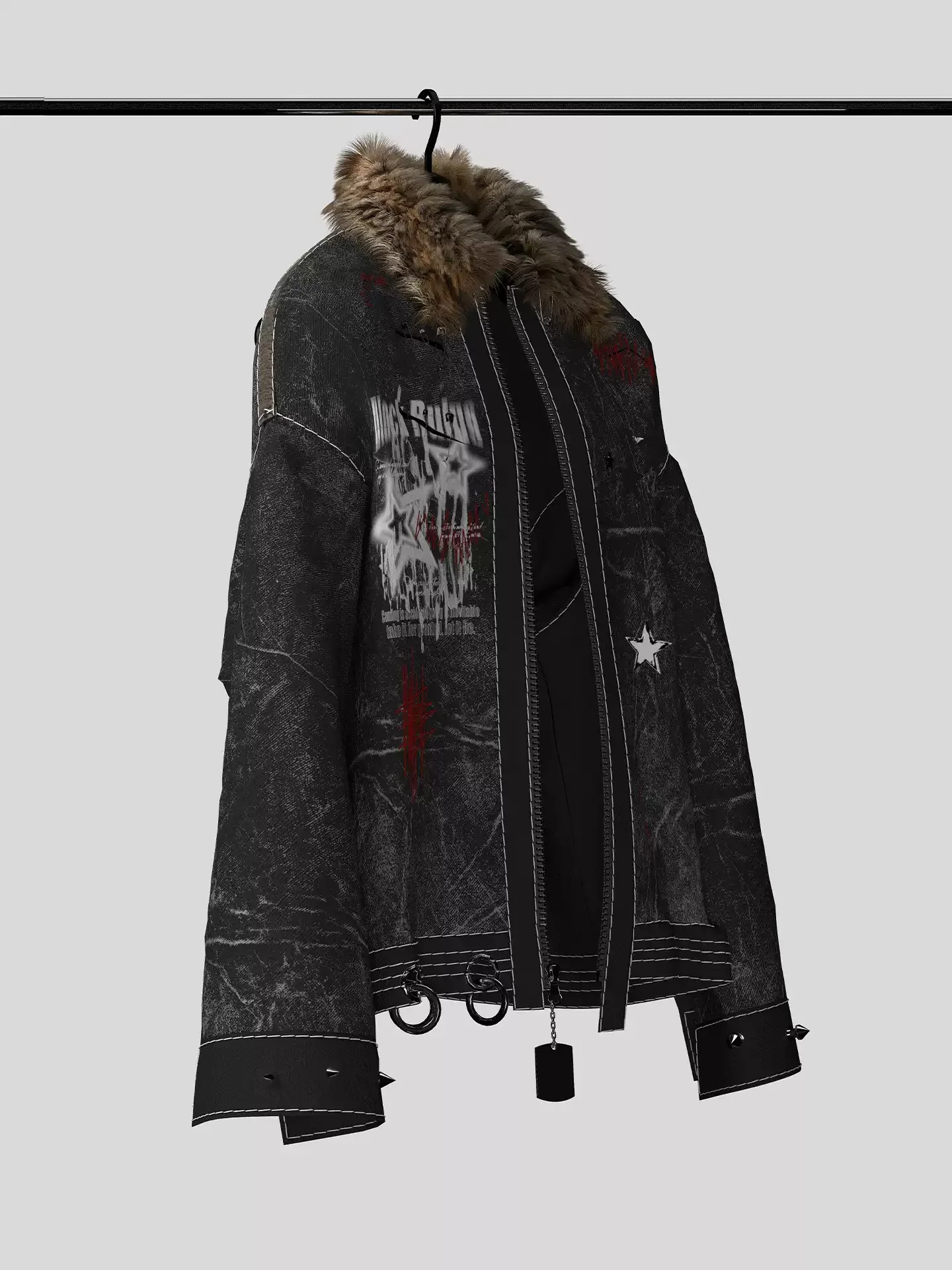 

American Retro Distressed Washing Fur Collar Hole Rivet Design Denim Coat Shirt Full Sleeve Printing In Autumn For Man