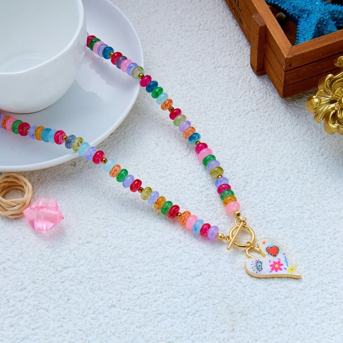 Dopamin Bunte Glas-Flachperlen Graffiti-Blumen-Herz-Anhänger Halskette für Frauen Männer Y2K Vintage OT-Schnallen-Choker Schmuck – Detail 29