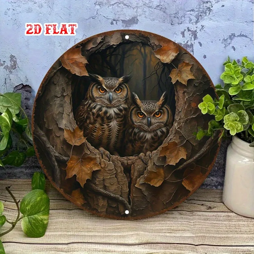 1 owl circular aluminum logo, forest themed wall decoration hiding rural metal art, magic metal wall decoration for home, garage