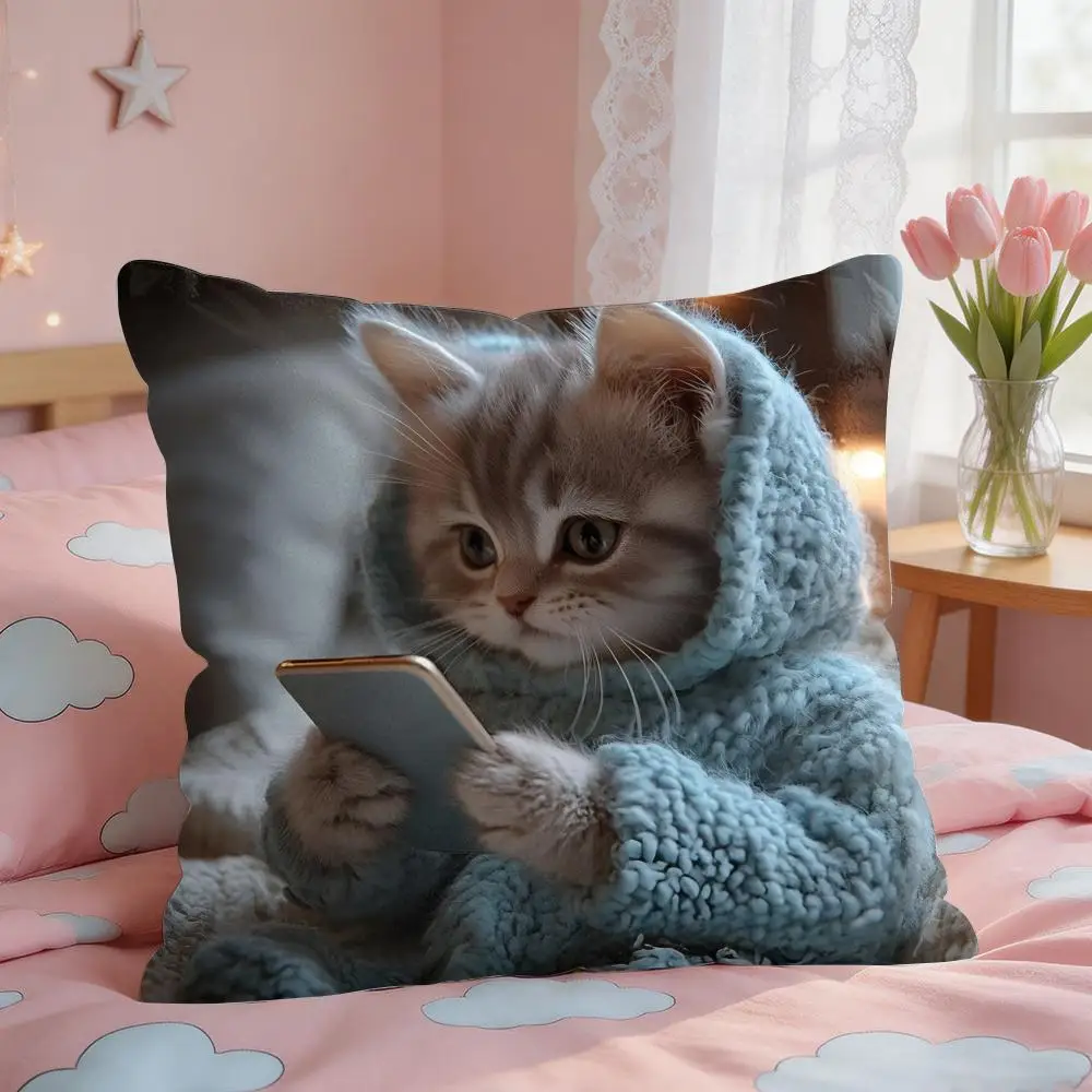Cute Cat Holding Phone Cushion Cover Square Short Plush Pillow Case Living Room Sofa Home Decor Funda 40X40