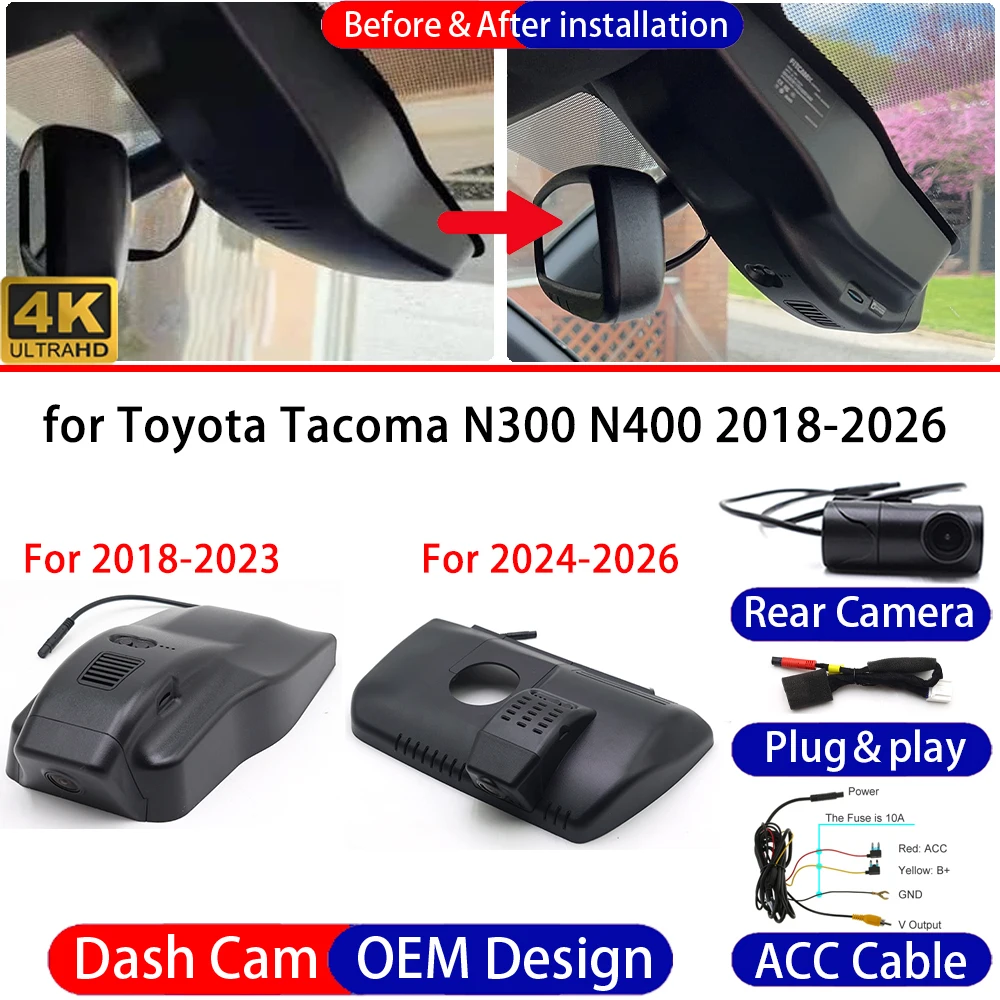 Dash Cam for Toyota Tacoma N300 N400 2018-2026 Front＆Rear 4K DVR Dashboard Camera Video Drive Recorder Night Vision Parking Mode