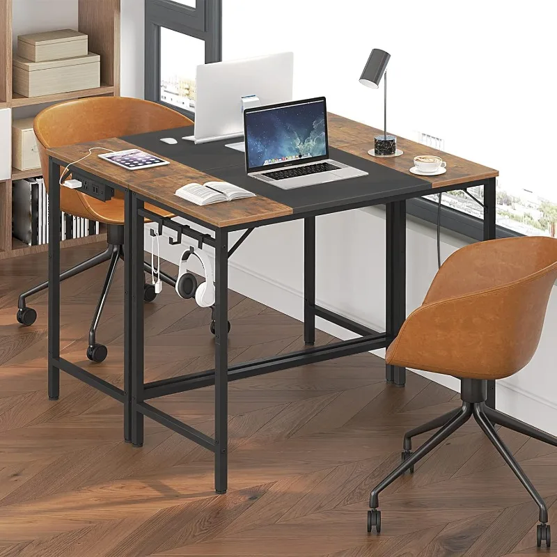 Home Office Desk with Power Outlet, Modern Study Writing Desk with 3 Hooks for Study Room, Home Office, Sturdy and Stable,