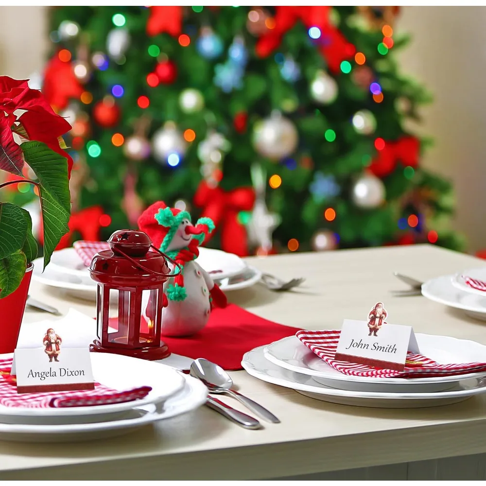 Boutique de regalo: paquete de 100 tarjetas de lugar navideñas, tarjeta de nombre para asientos navideños, troquelada, mesa de Papá Noel de Navidad, papel plegado, diez