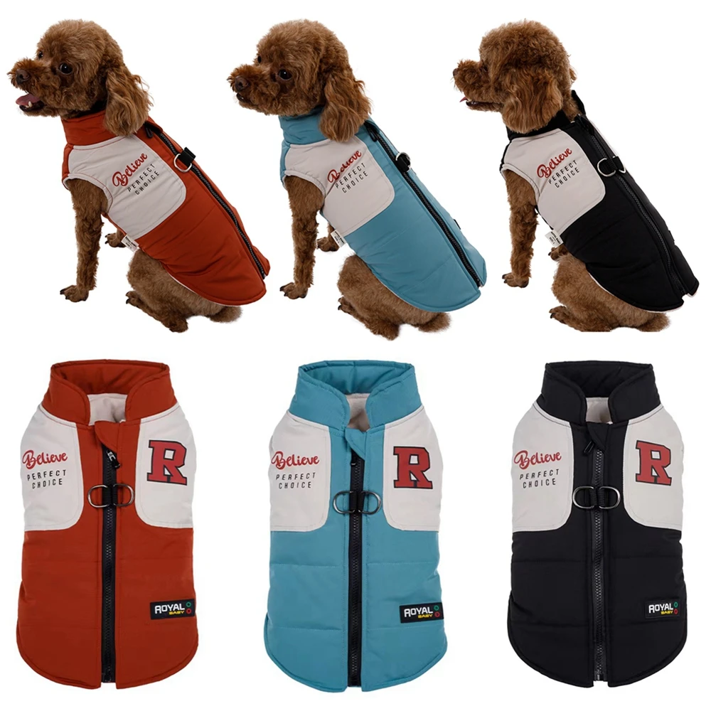 Waterproof Letter Print Dog Winter Jackets Cold Weather Dog Clothes Coats with Harness Easy Walking & Warm Dog Sports Clothes