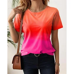 Moda 3D Color Gradient Print T Shirt Dla Kobiet Lato Wygodne Oddychające Damskie Topy z Krótkim Rękawem Casual O-neck Loose Tee