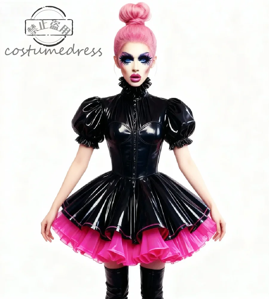 

Dracula Vampire Gothic Evening Dress With Puff Sleeve Vintage Black Pvc With Hot Pink Costume Prom Dress Lolita Halloween Party
