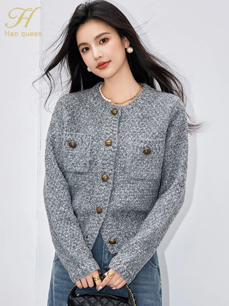 

H Han Queen Elegant Winter Cardigan Sweaters Warm Thickened Outerwears Long Sleeve Knitwear Loose Vintage Casual Women's Sweater