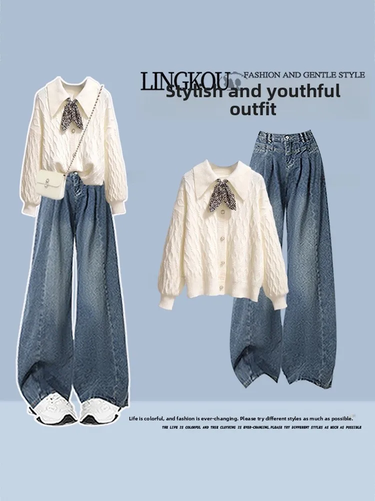 

Elegant plus Size Autumn Knitted Sweater High Waist Slim Wide Leg Jeans Two Piece Set Women's Fashion High Quality Ensemble