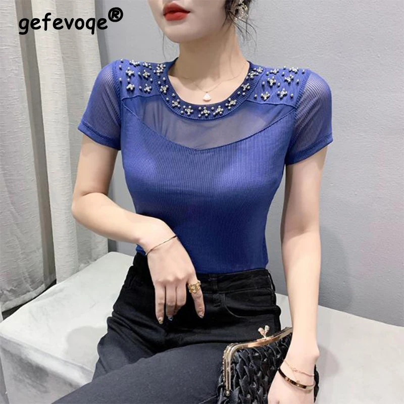 

Summer Round Neck Diamons Mesh Spliced Short Sleeve Tee Ladies Casual Fashion Slim All-match Pullover Top Women Elastic T-shirt