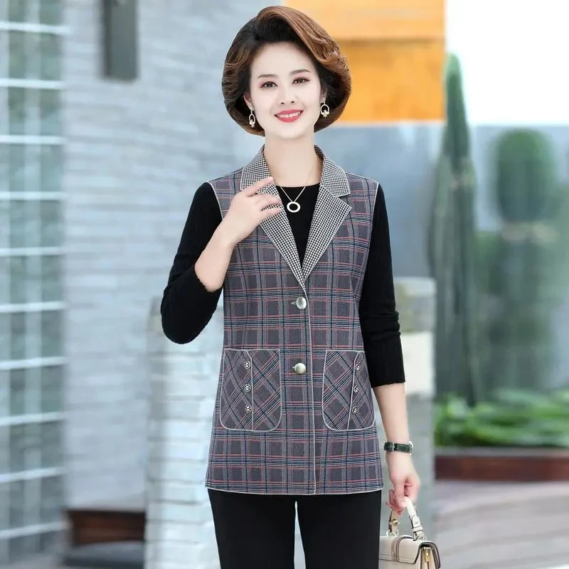 

Осенний тонкий клетчатый жилет для мамы, женская однобортная короткая верхняя одежда среднего возраста, костюм с воротником, куртка без рукавов, женский жилет