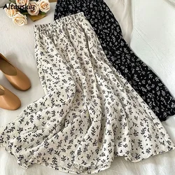 Midi Skirts Women Floral Vintage Loose Prairie Chic All-match Spring A-line Elastic Waist Ulzzang Sweet Fashion Casual Holiday