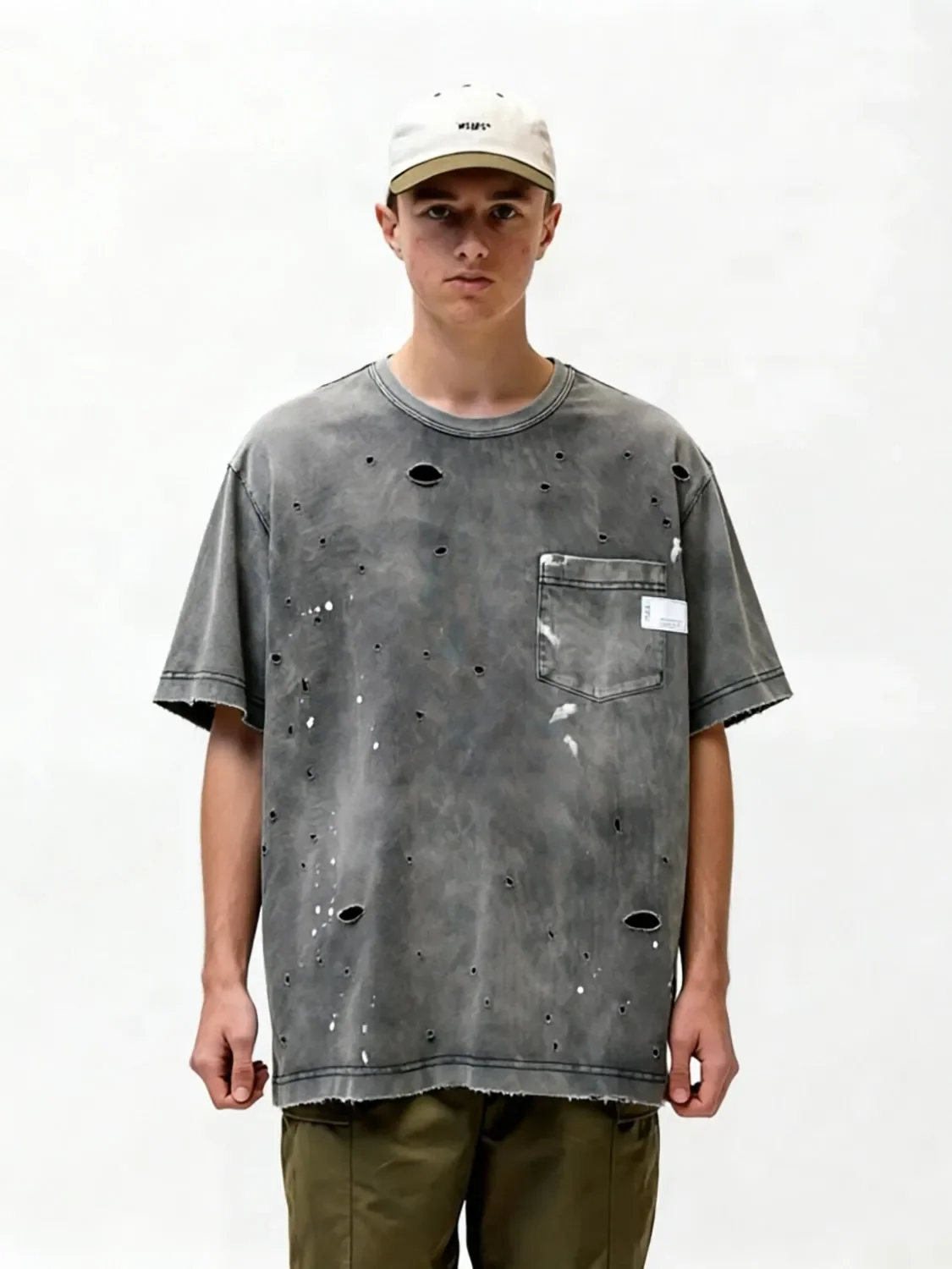 

NBHD washed heavy industry wasteland wind old hole splashing ink T-shirt