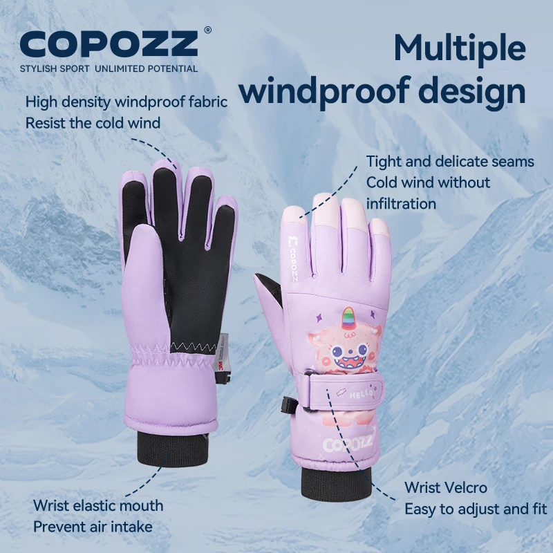 COPOZZ New Children\'s Ski Gloves 3M Thinsulate Wear resistant Winter Thermal Gloves Cartoon Waterproof Snowboard Gloves For Kids